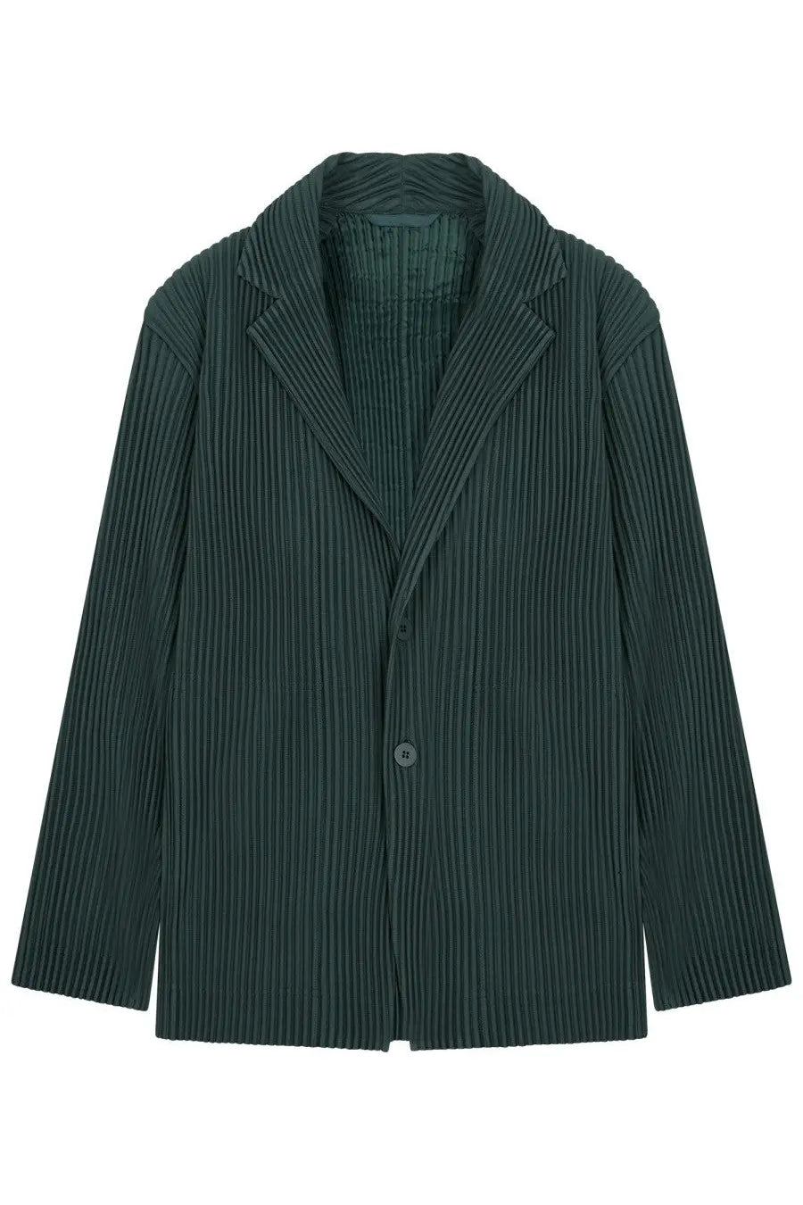 Dark green pleated blazer with structured collar and single button closure from homme plisse issey miyake mens jacket