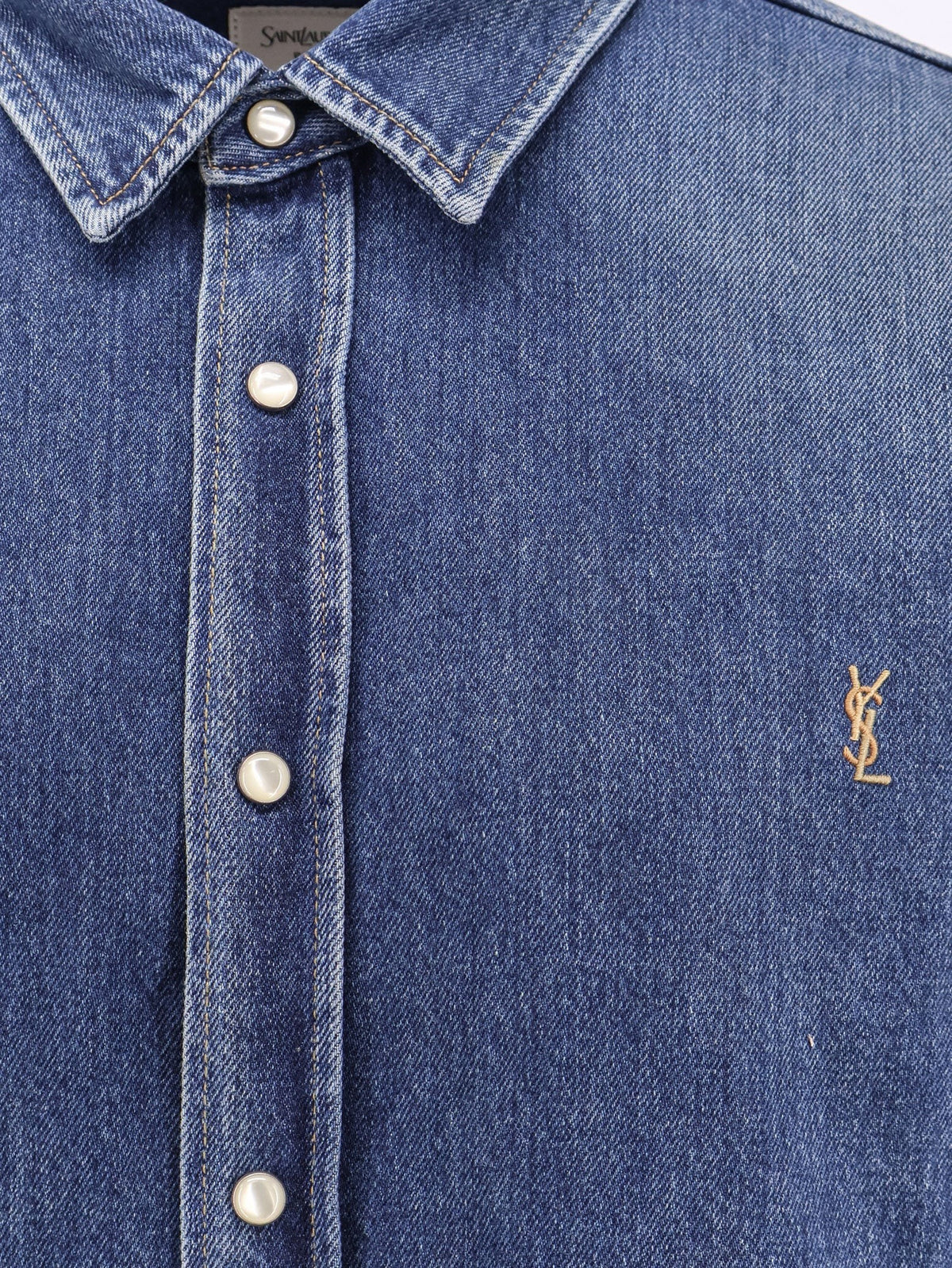 Saint Laurent Men's Horizon Blue Cassandre Denim Shirt Blue