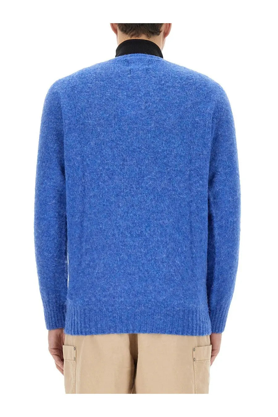 Howlin men’s wool jersey blue sweater with blue heathered knit and ribbed cuffs and hem