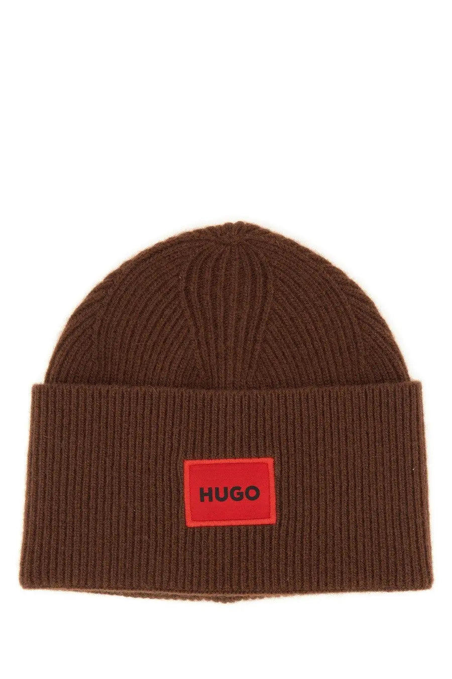 Hugo boss men’s brown ribbed knit beanie hat with red rectangular hugo logo patch on folded brim