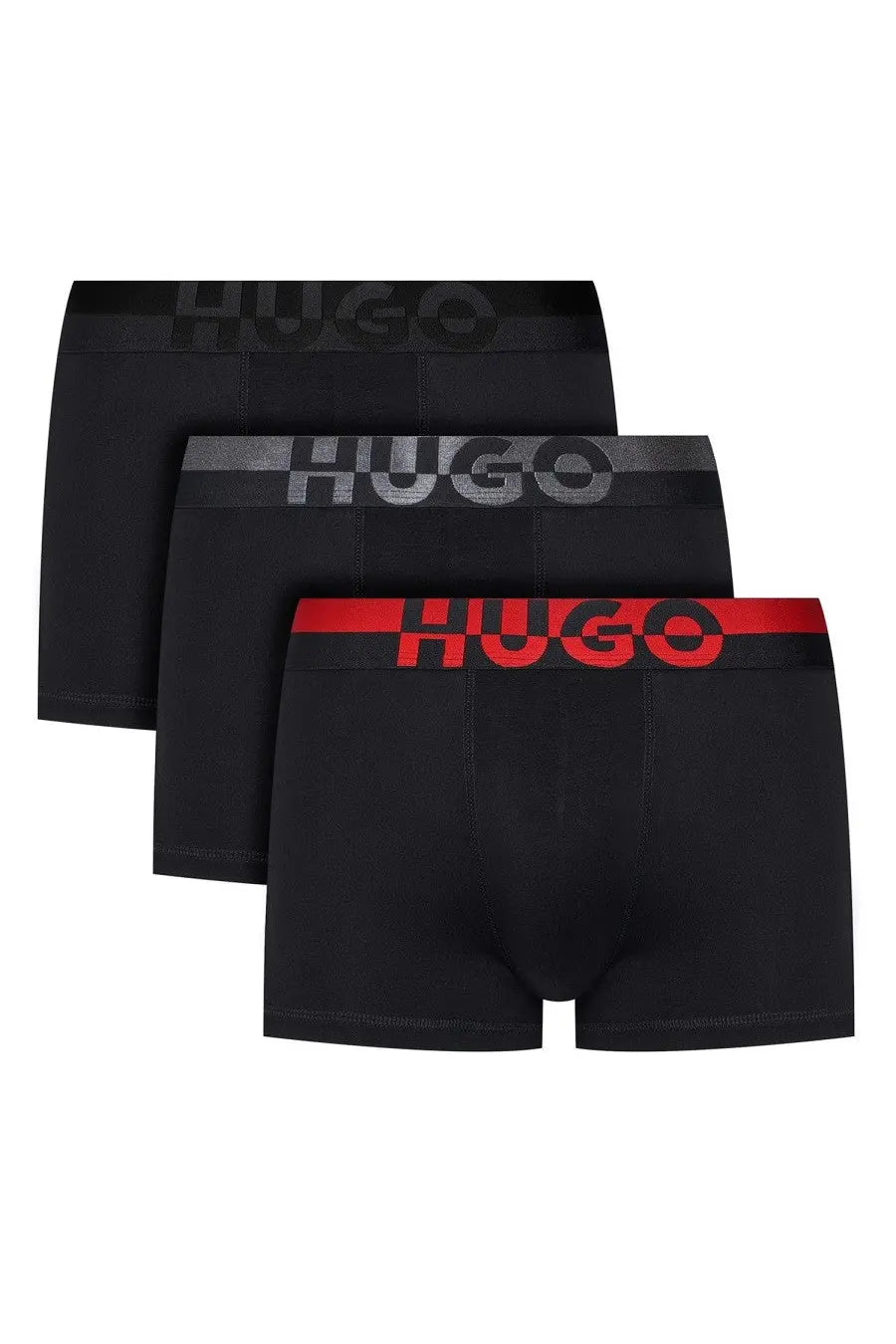 Hugo Boss men’s black boxer briefs with contrasting gray and red elastic waistbands and prominent logo branding