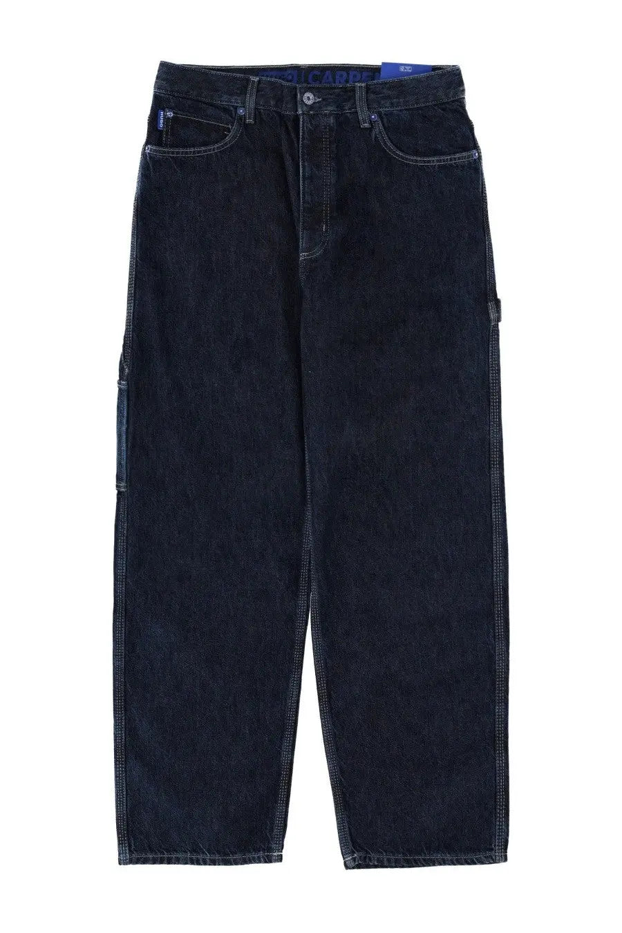 Hugo Boss men’s carpenter jeans in dark indigo denim with contrasting light stitching and cargo pockets