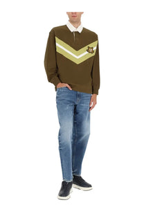Hugo boss men’s olive green long-sleeved rugby sweater with white collar and chevron stripes across the chest