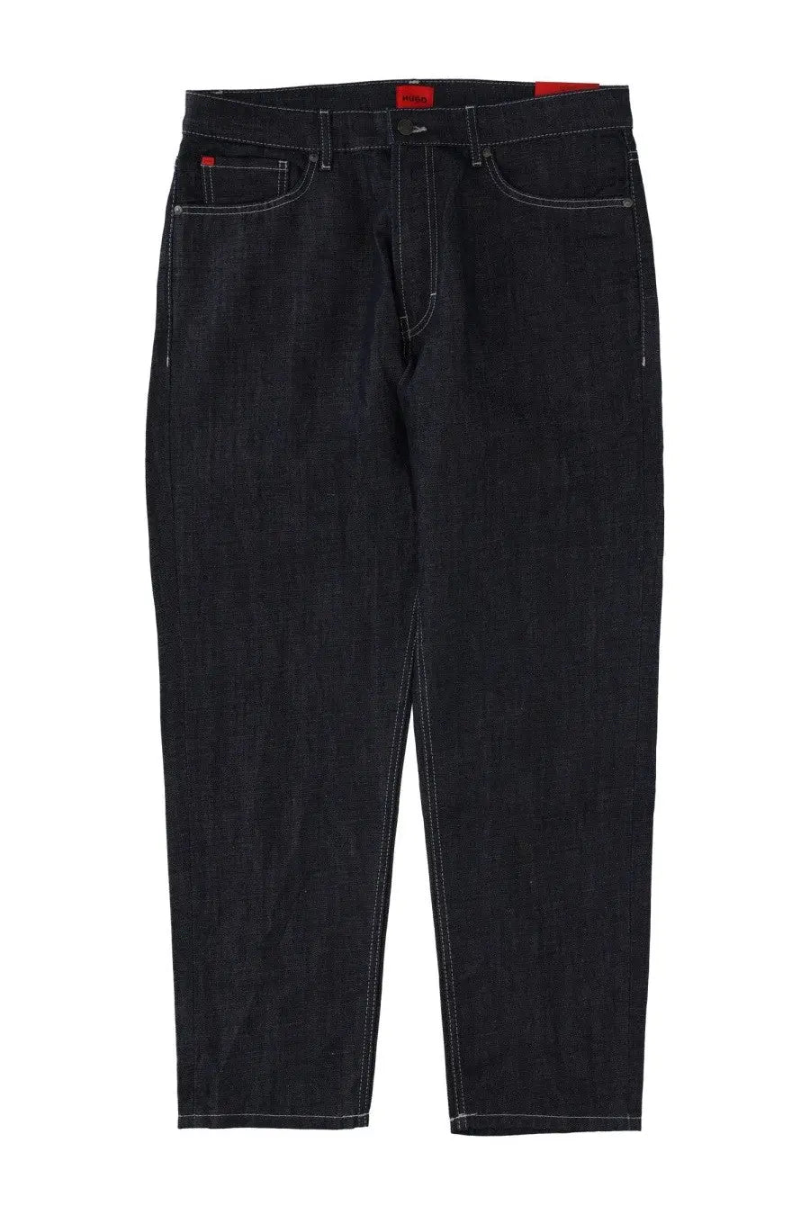 Hugo Boss men’s black denim jeans with white stitching and red brand tags at the waistband in cotton blend