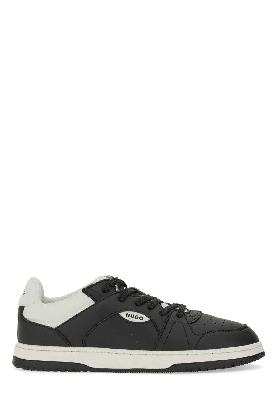 Hugo Boss men’s leather sneaker black with sleek leather upper white midsole and subtle side branding in low-top style