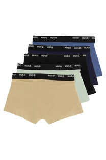 Set of five hugo boss men’s boxer shorts in beige black navy blue light green and medium blue with matching waistbands