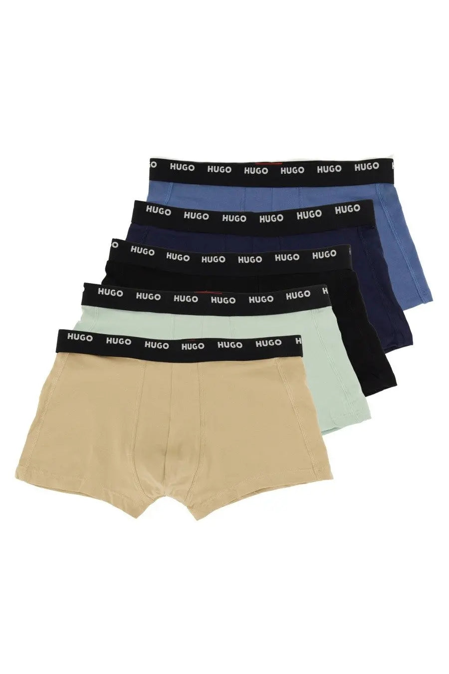 Set of five Hugo Boss men’s boxer briefs in solid multicolor with black elastic waistbands featuring the brand name