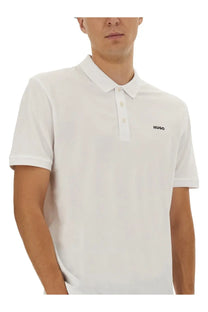 HUGO BOSS men’s white polo donos with classic collar short sleeves and subtle black chest embroidery