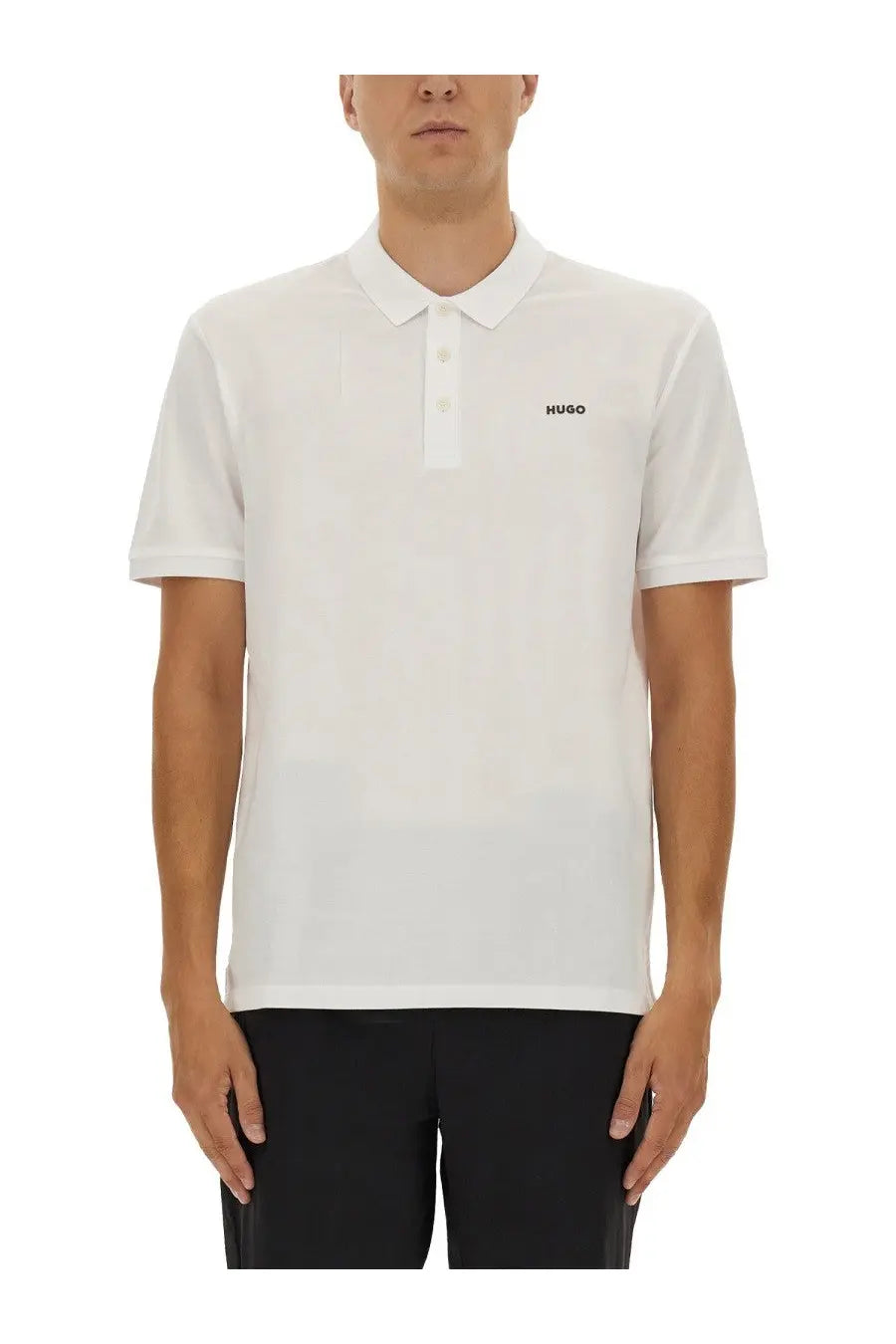 HUGO BOSS men’s white polo Donos with subtle textured fabric and minimalist black logo on the left chest