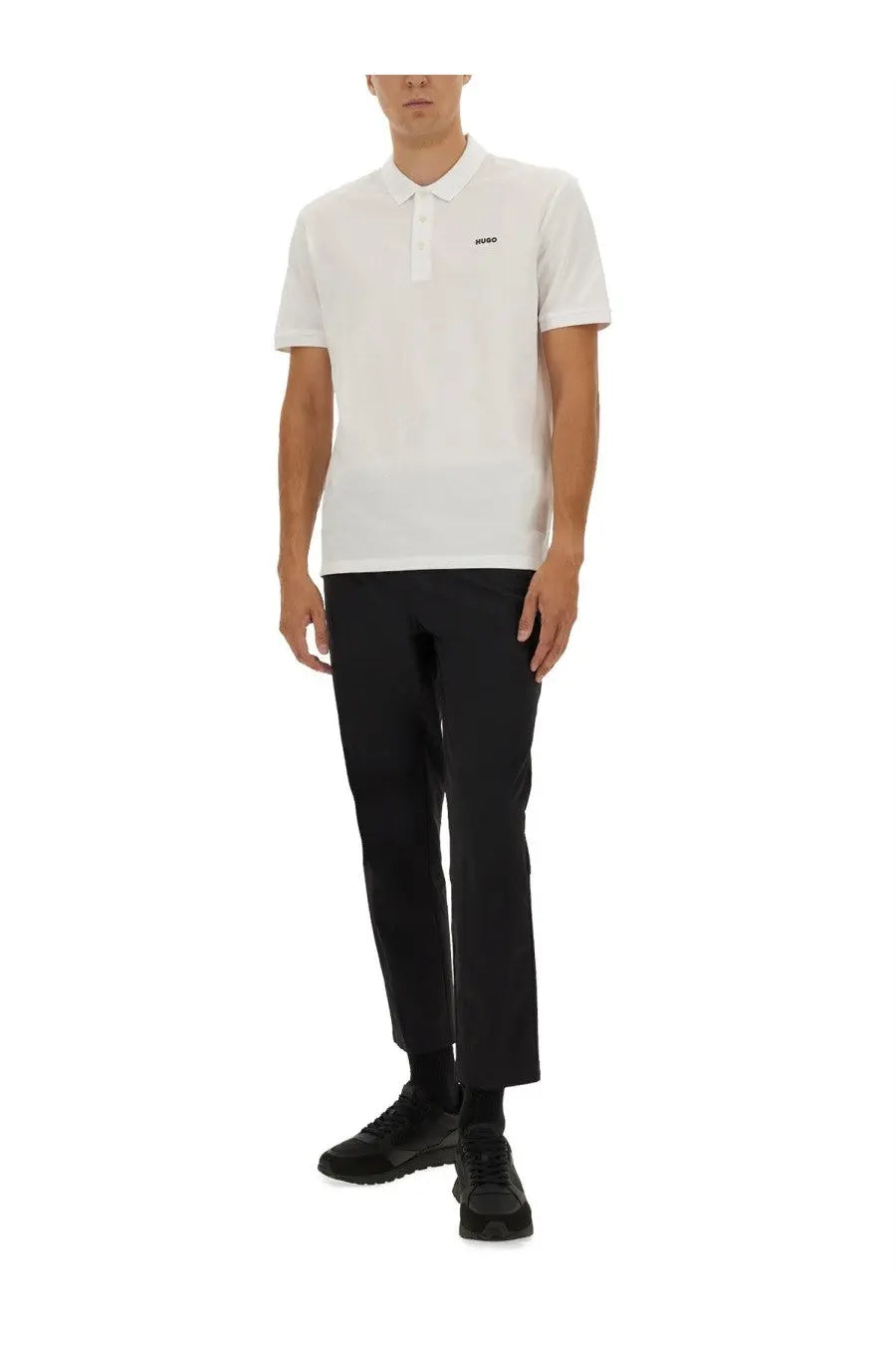 Hugo Boss men’s polo donos white short-sleeved shirt with subtle textured weave and small black chest logo