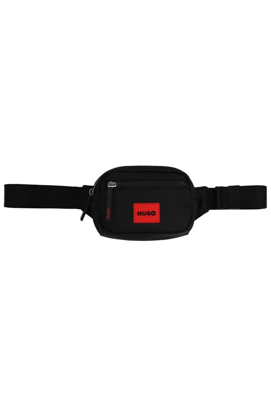 Hugo boss men’s black waist bag with red logo patch and zipper closure for convenient daily use