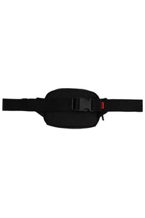 Hugo Boss men’s black nylon waist pouch with buckle closure and red brand tag for secure storage