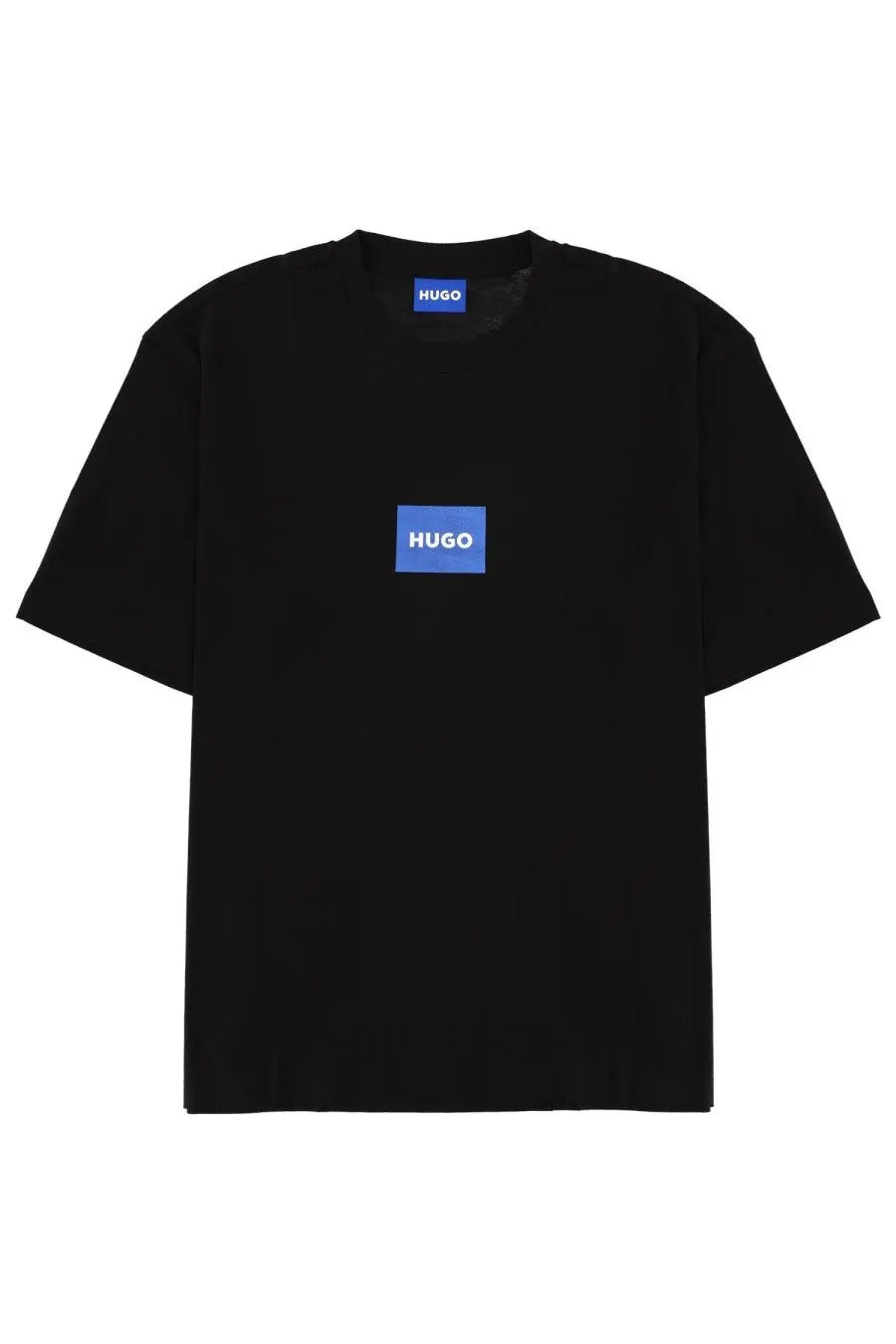 Hugo Boss men’s black t-shirt with blue rectangular logo patches on chest and neckline in cotton material
