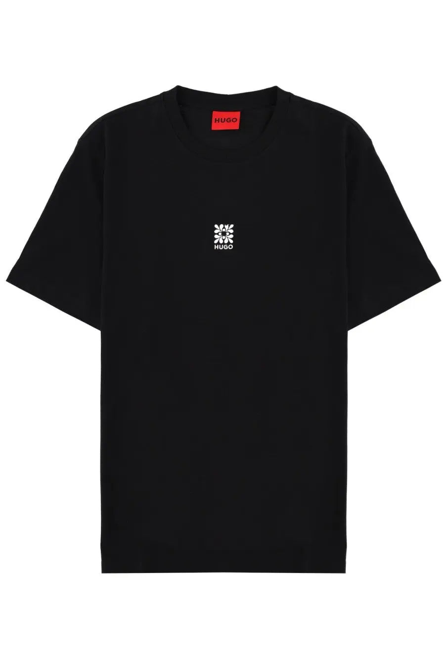 Hugo Boss men’s black t-shirt with white floral embroidered logo and red tag at neckline in Darusi style