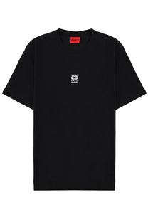 Hugo Boss men’s black t-shirt with white floral embroidered logo and red tag at neckline in Darusi style