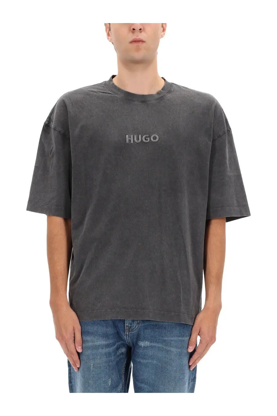Hugo Boss men’s dark gray cotton shirt with faded look and subtle embroidered logo across the chest