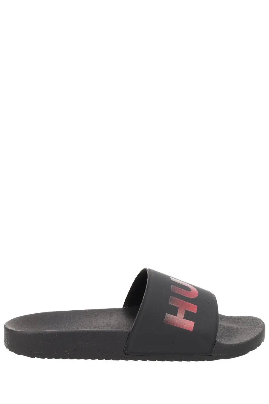 Hugo Boss men’s black hu slide sandal with gradient pink logo on the strap for casual wear