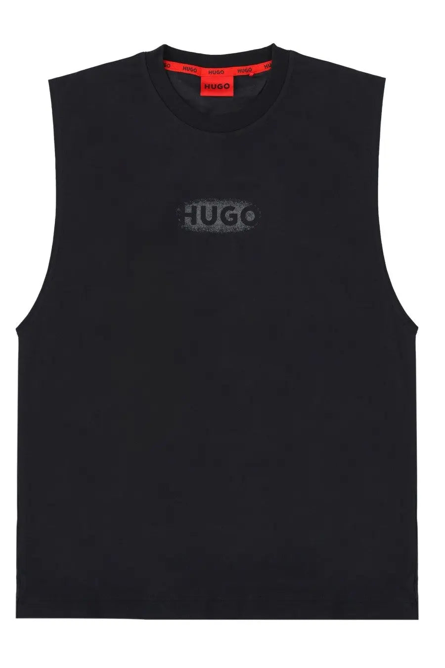 Hugo Boss men’s black sleeveless t shirt with faded gray logo on chest and orange brand tag at neckline