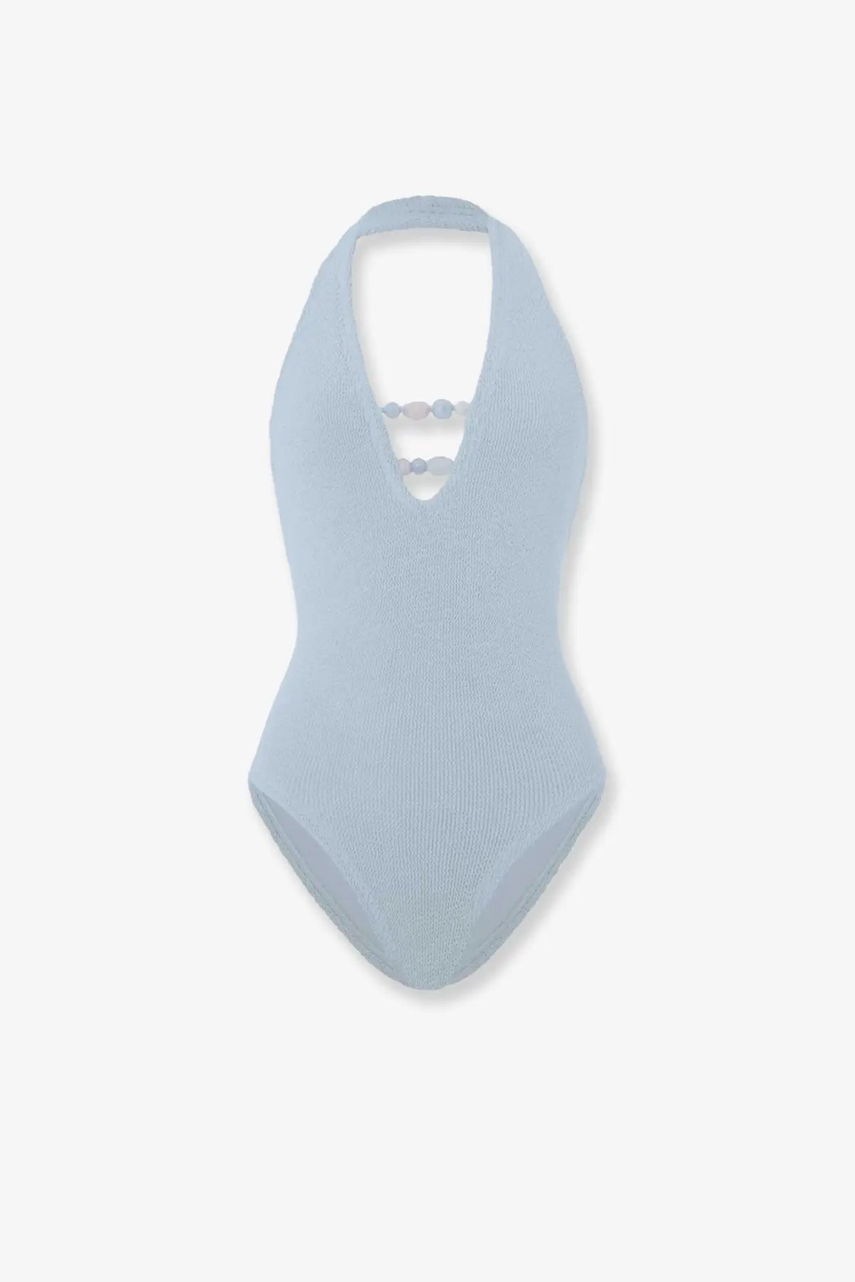 Hunza G women’s Adriana crinkle fabric one piece swimsuit in light blue with ribbed halter neck and beaded neckline detail