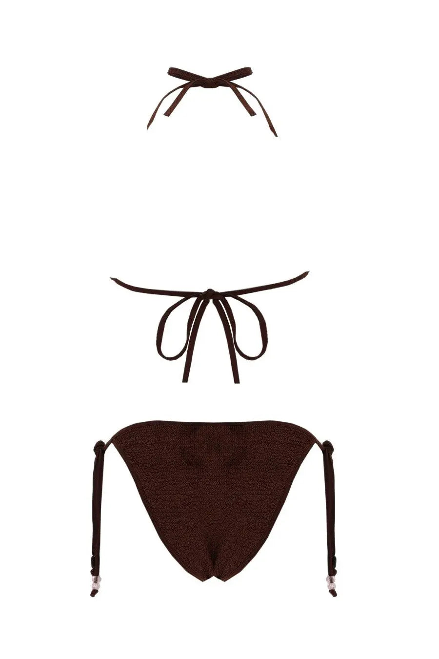 Dark brown knitted bikini set with tied side ties and adjustable straps by hunza g women