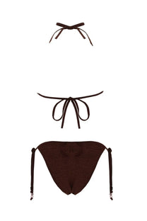 Dark brown knitted bikini set with tied side ties and adjustable straps by hunza g women