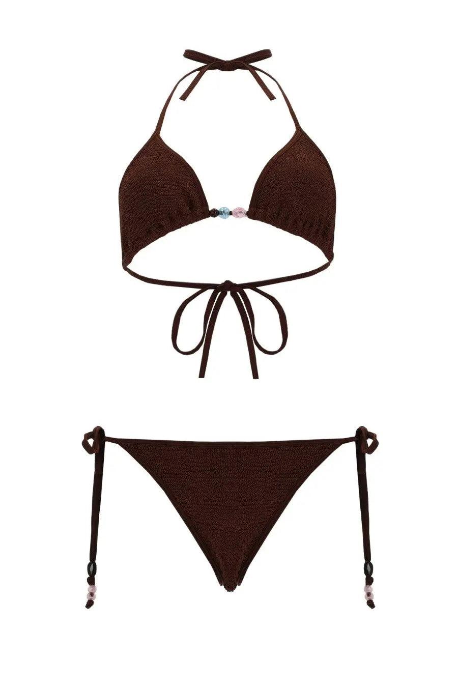 Hunza G women’s bikini Gina brown brown knitted halter top with beaded accents and matching triangle bottom