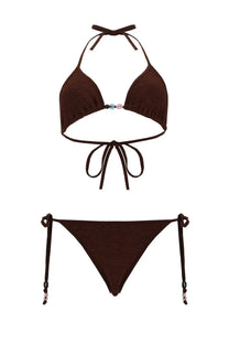 Hunza G women’s bikini Gina brown brown knitted halter top with beaded accents and matching triangle bottom
