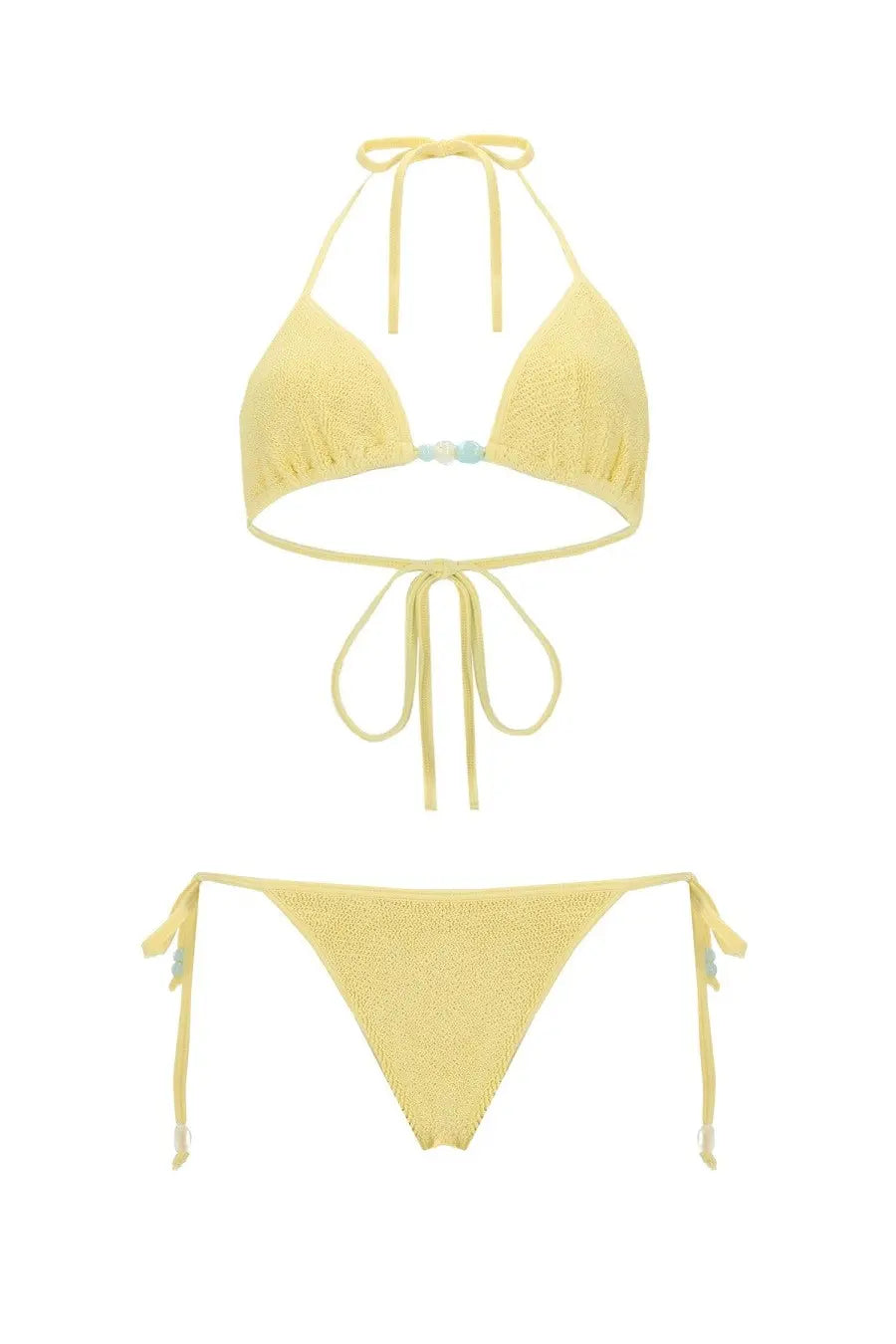 Hunza g women’s bikini gina yellow delicate yellow knitted halter top and triangle bottom with light blue bead details