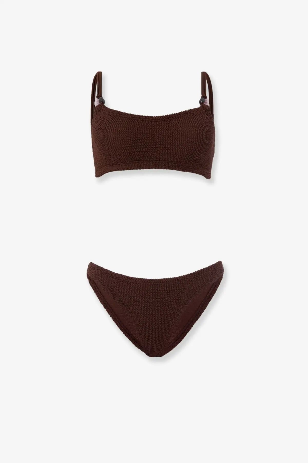 Brown knitted bikini set with thin straps and textured woven pattern from hunza g women’s cassie the original crinkle bikini brown