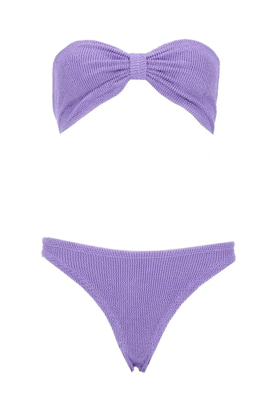 Lavender knitted bikini set with a bow-style top and triangle bottom from Hunza G women’s costume bikini Jean Purple collection
