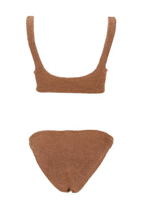 Tan knitted bikini set with textured woven pattern by hunza g for women in xandra brown color
