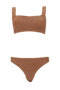 Tan knitted two-piece swimsuit with square neckline and thin straps from Hunza G women’s costume bikini xandra brown