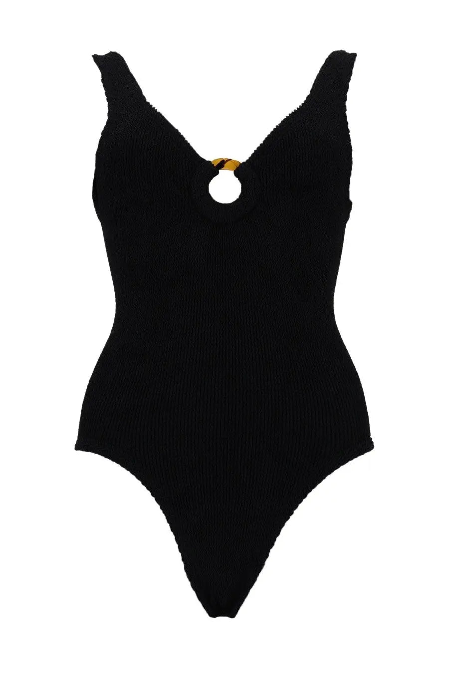 Hunza G women’s black ribbed knit one-piece swimsuit with gold-toned circular detail at the neckline