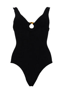 Hunza G women’s black ribbed knit one-piece swimsuit with gold-toned circular detail at the neckline