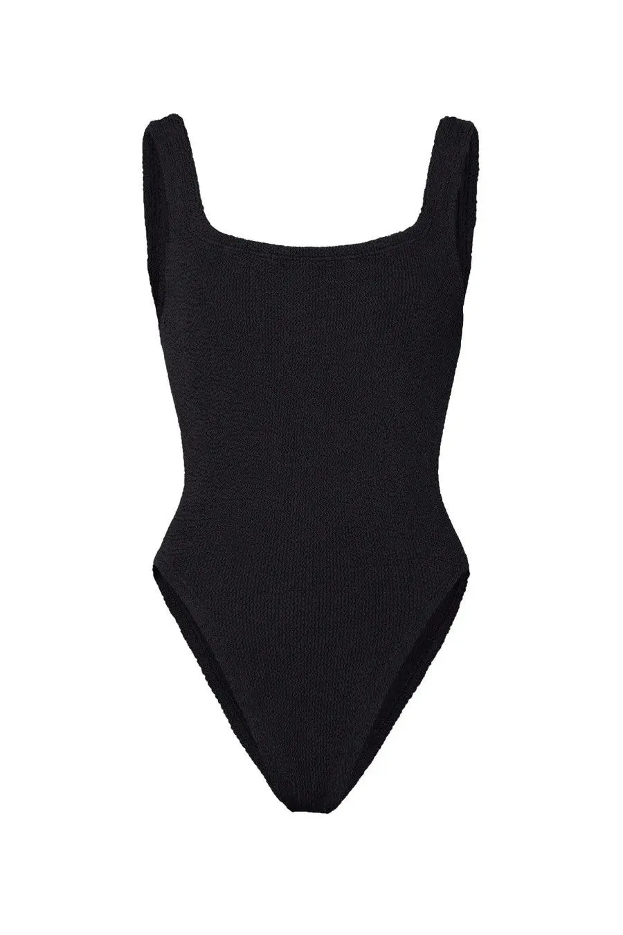 Black ribbed knit one-piece swimsuit with square neckline and wide shoulder straps by Hunza G women