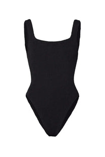 Black ribbed knit one-piece swimsuit with square neckline and wide shoulder straps by Hunza G women
