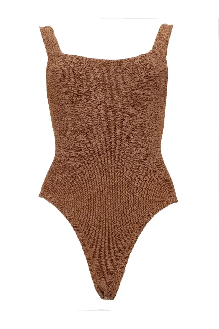 A tan knitted one-piece swimsuit with thin straps and a square neckline by hunza g