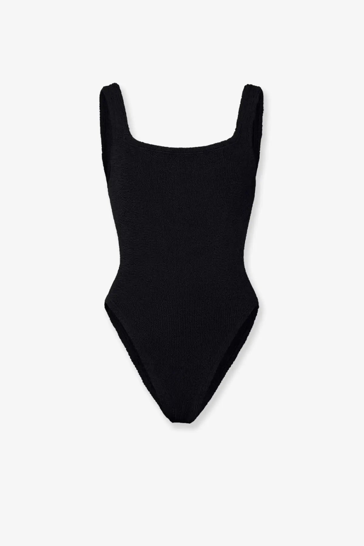 Black ribbed Hunza G women’s one-piece swimsuit with crinkle fabric square neckline and thin straps