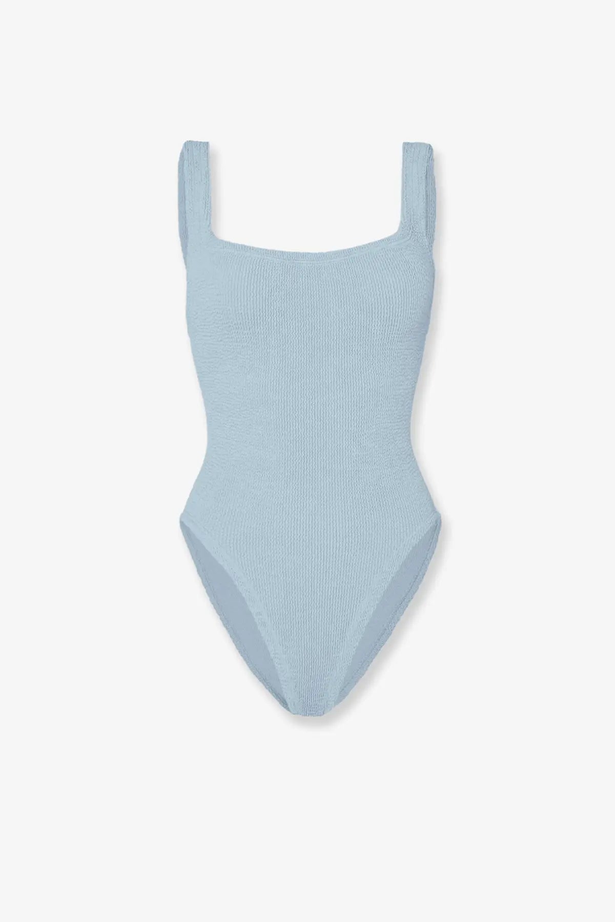A light blue ribbed knit one-piece swimsuit with square shoulder straps from hunza g in crinkle fabric