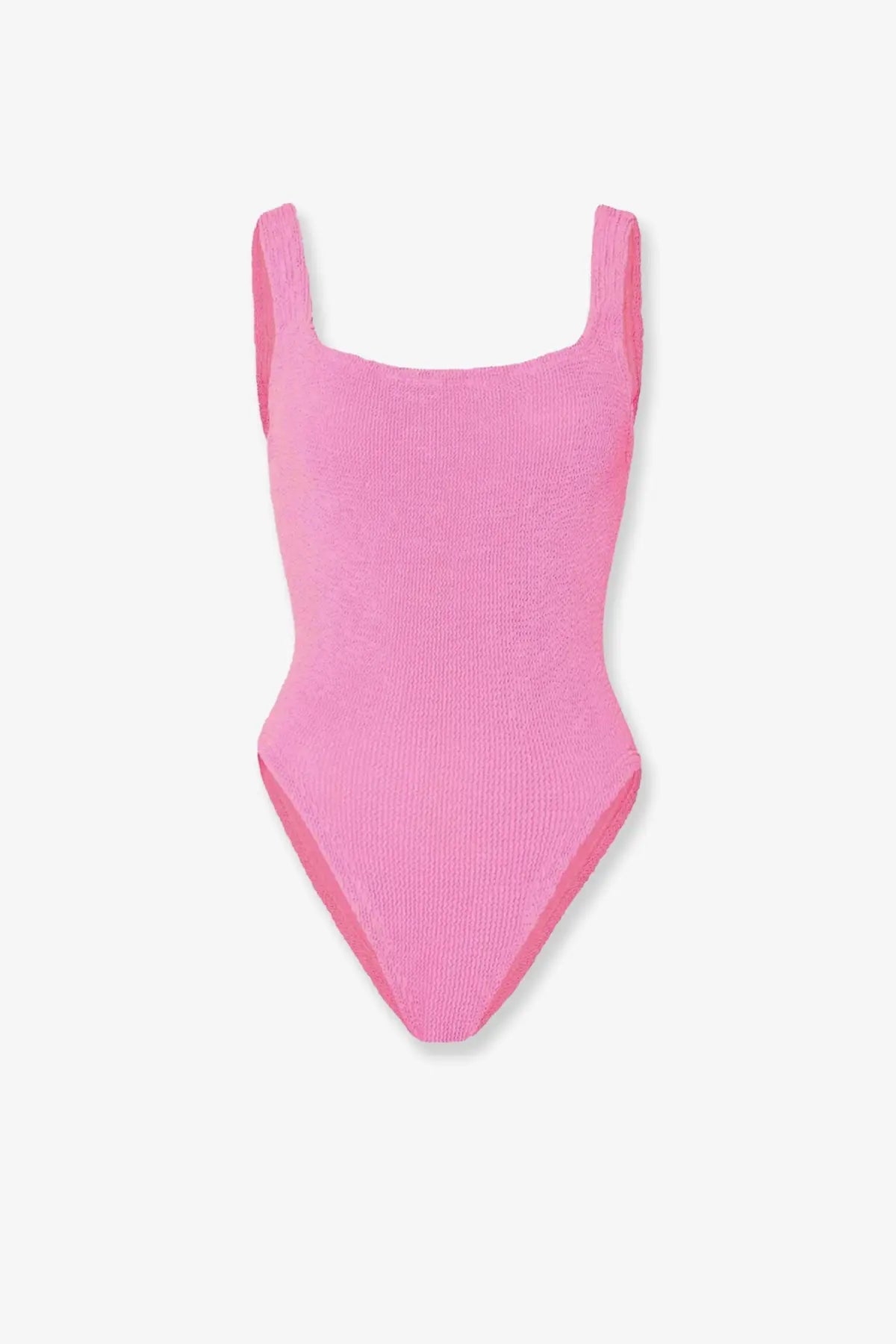 Hunza G women’s one-piece swimsuit in vibrant bubblegum pink ribbed knit with square shoulders and high-cut leg