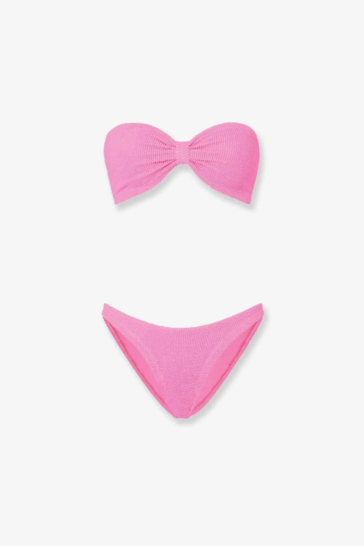 Hunza g women’s the original crinkle bikini bubblegum is a vibrant pink textured knit set with bandeau top and high-cut bottoms