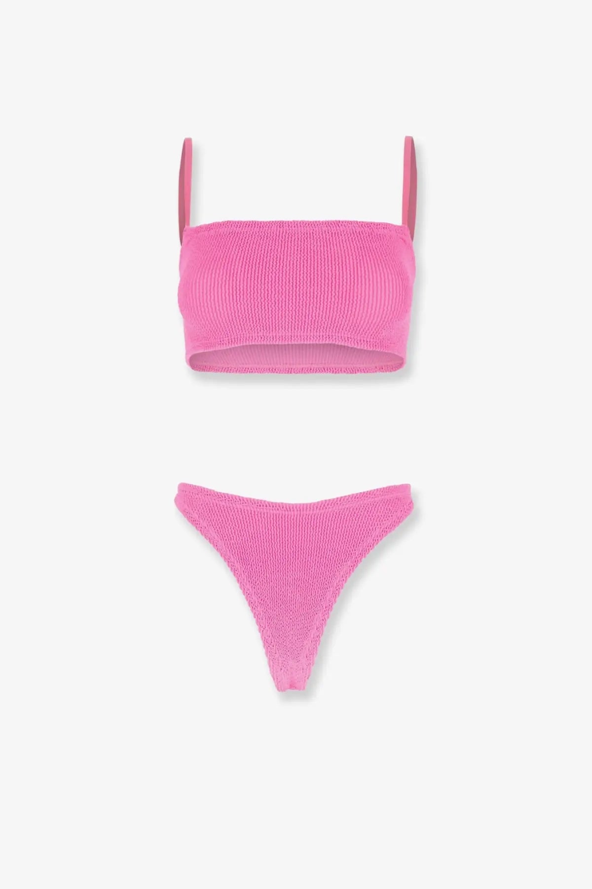 Vibrant pink ribbed knit two-piece swimsuit set hunza g women’s the original crinkle bikini bubblegum front view
