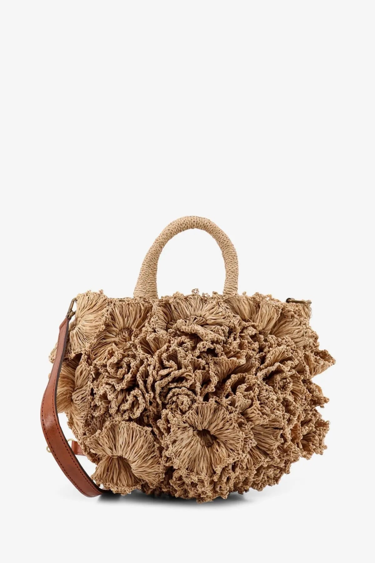 Ibeliv women’s coral raffia crossbody bag tea beige woven straw with ruffled floral detailing and brown leather strap