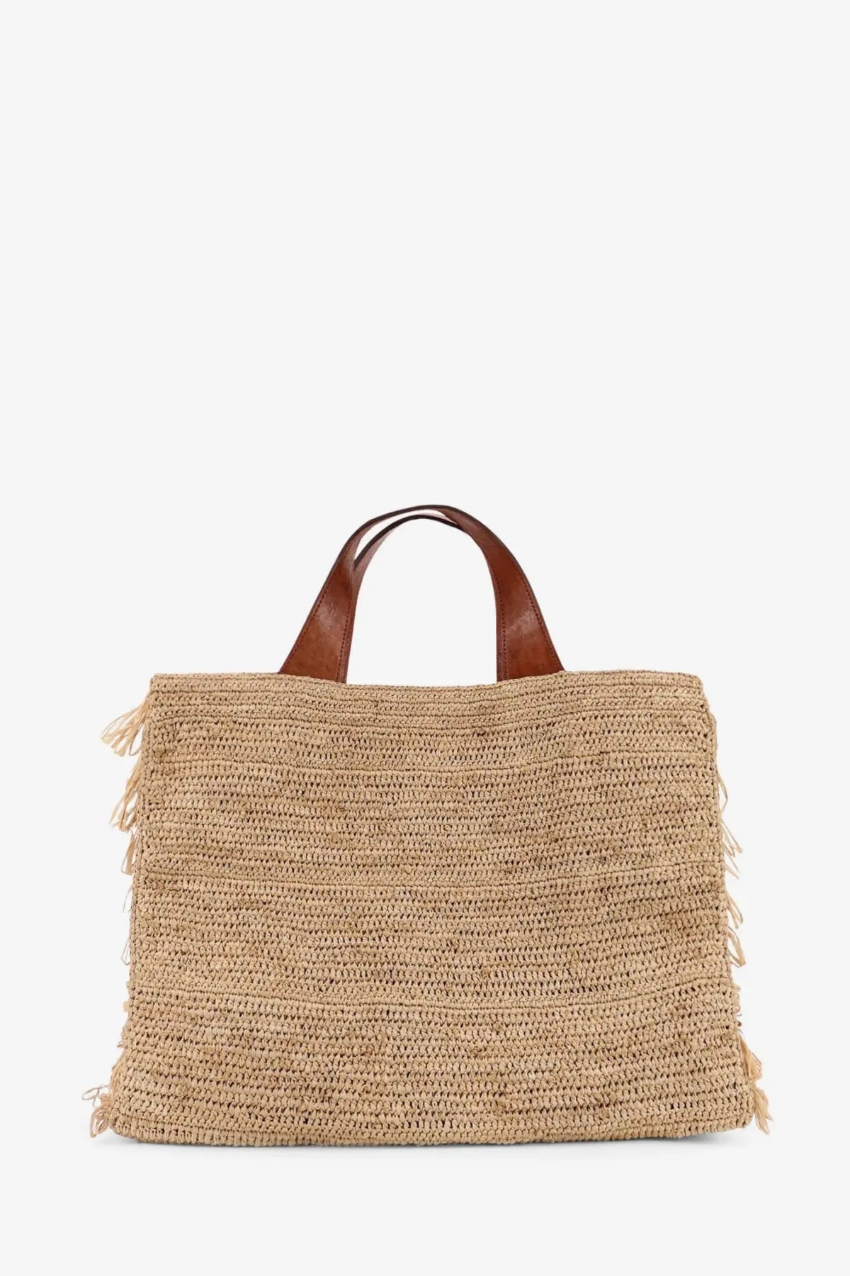 Ibeliv women’s onja raffia shoulder bag tea beige woven straw tote with brown leather handles and frayed edges