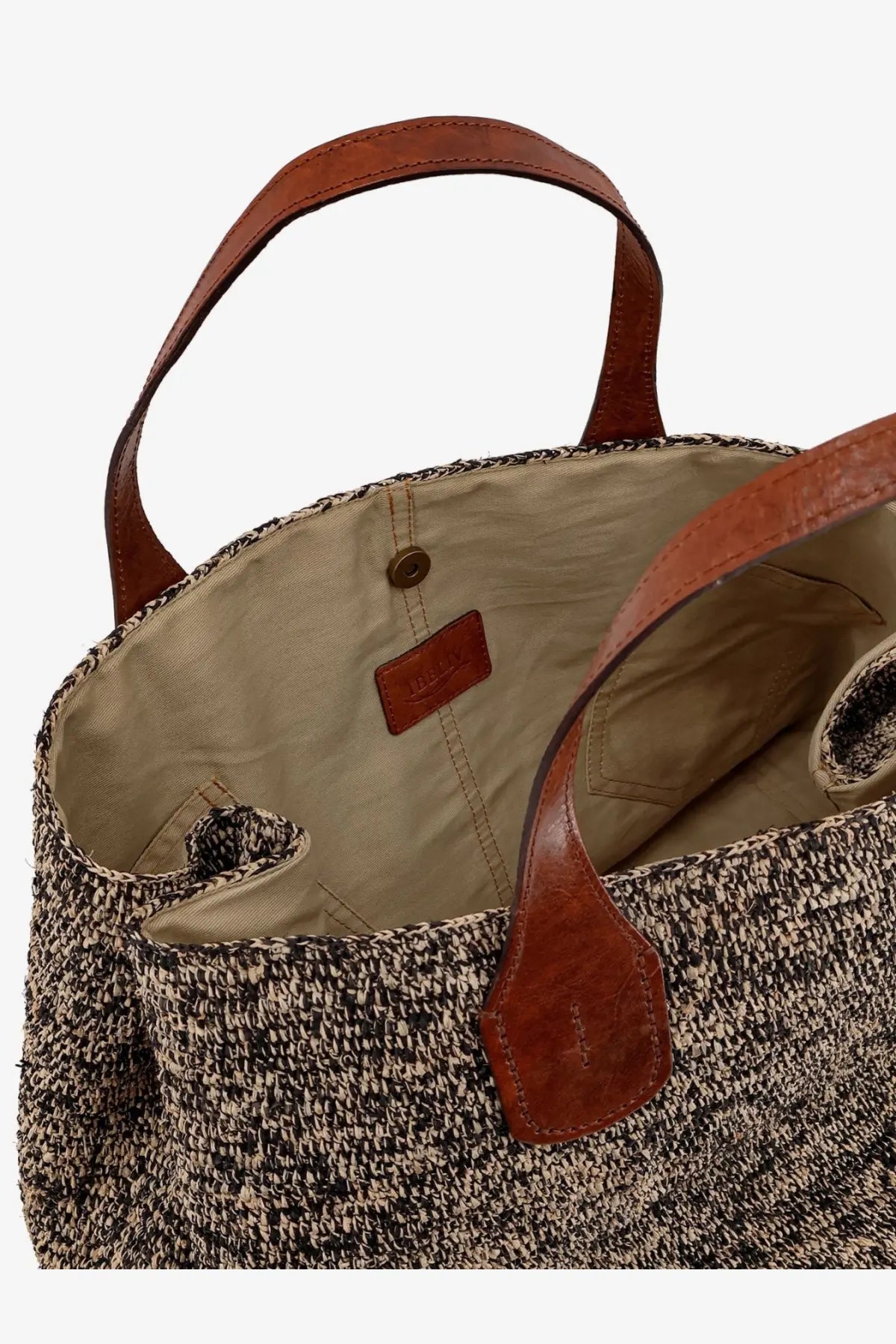 Ibeliv women’s rio raffia shoulder bag with brown leather handles woven black and beige fabric and tan interior lining