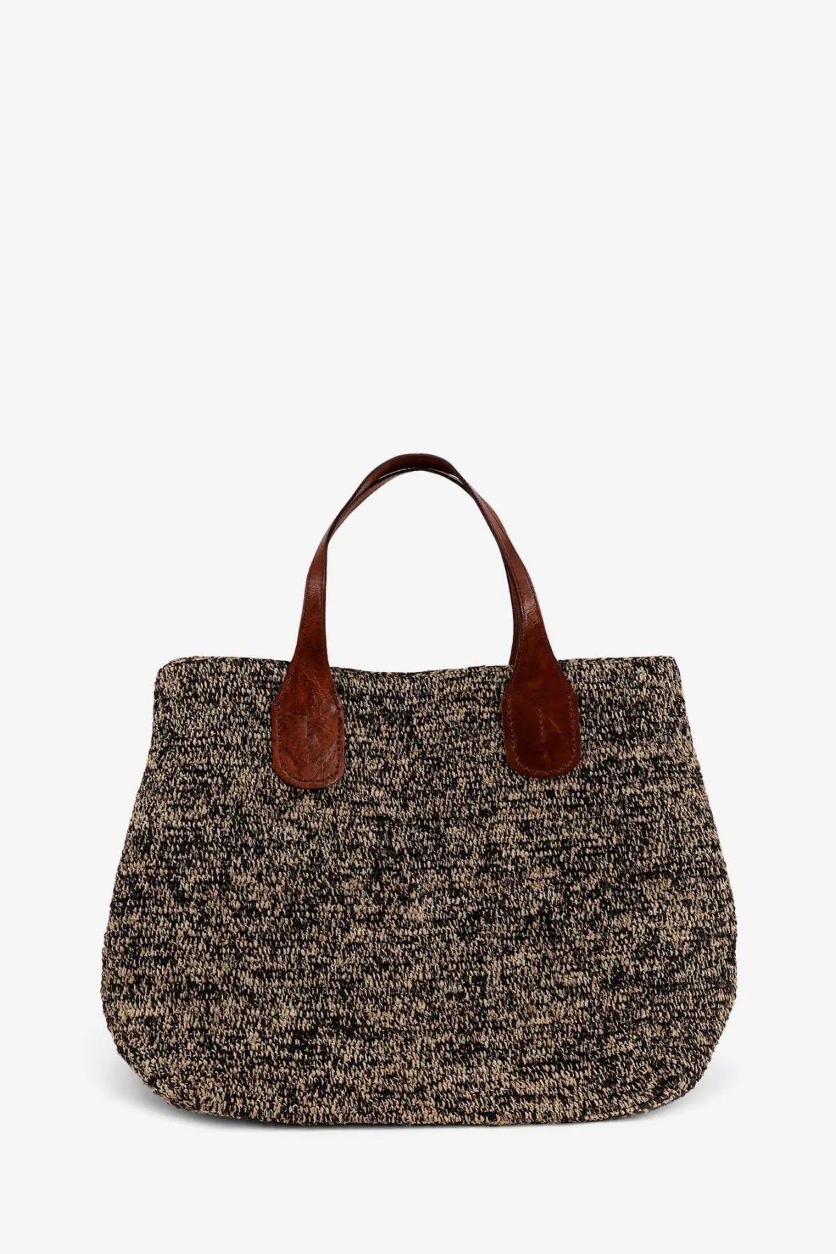 Ibeliv women’s Rio raffia shoulder bag Tiga with textured brown and beige woven body and tan leather handles