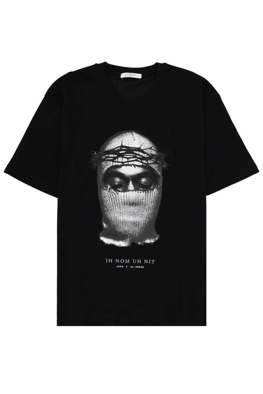 Black short-sleeved cotton t-shirt with monochrome face graphic in knit mask and crown of thorns featuring ih nom uh nit text and john 8:34