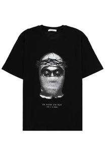 Black ih nom uh nit mens short sleeved t shirt with monochrome corona mask face and john 8 34 text print