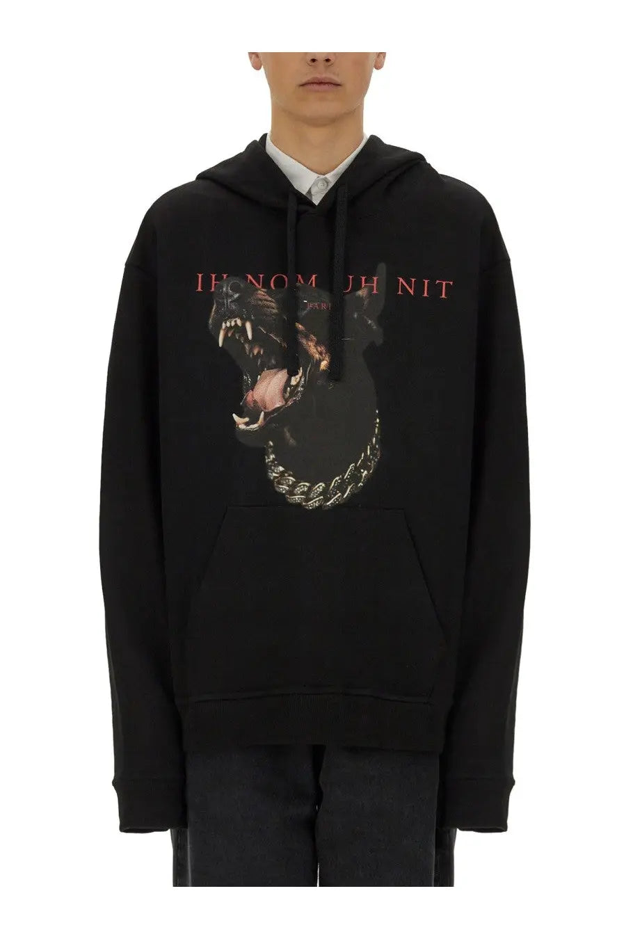 Ih Nom Uh Nit men’s black sweatshirt with a bold Dobermann roaring dog print and pink text above