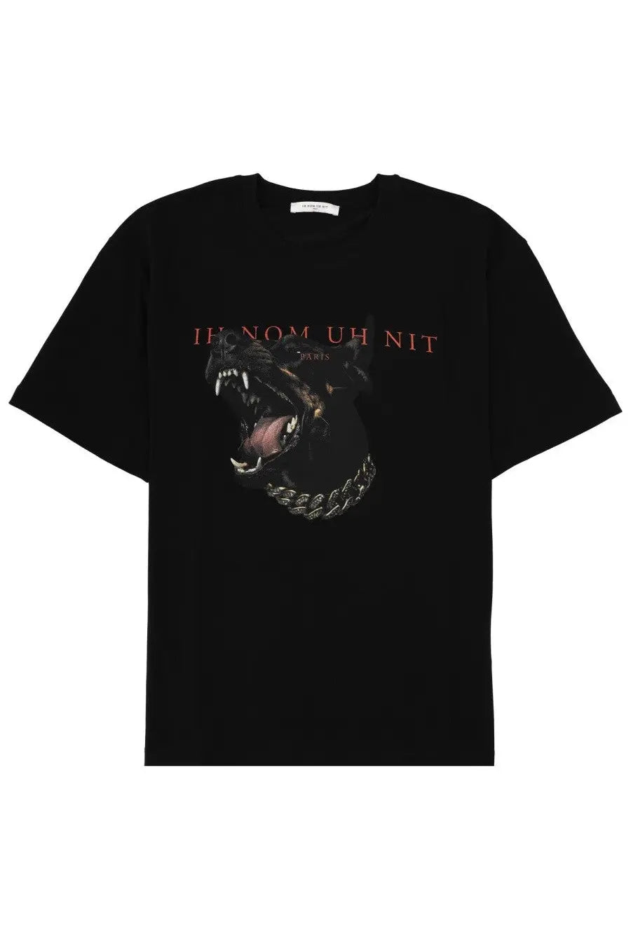 Black Givenchy Ih Nom Uh Nit men’s cotton t-shirt featuring a bold Dobermann graphic with pink text on front